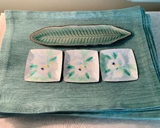 Lot of Cloisonne Dishes, 12 Crate & Barrel Placemats and Leaf Tray: $28