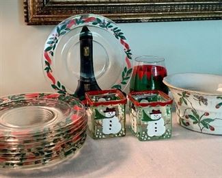 Lot of Christmas Plates, Votive Holders, and misc - we also have the glasses that match that come with the lot: $30