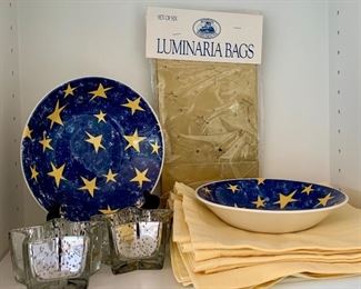 Blue and Yellow Star Bowls, 2 Star Votives and Luminaria Bags along with yellow cloth napkins: $22