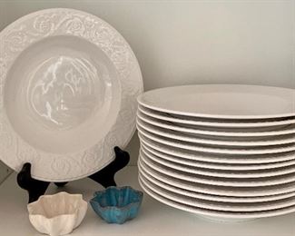 Lot of (14) Soup Bowls and Blue and Bisque ceramic salts: $30