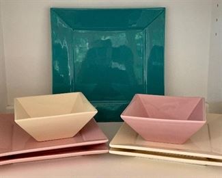 Pink, Beige and Aqua - 4 plates, two bowls and one serving plate: $28