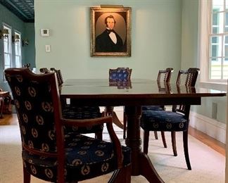 Item 70: Antique Double Pedestal, Banded Mahogany Dining Room Table (with Extra Leaves) - 97"l x 44"w x 29"h: $900