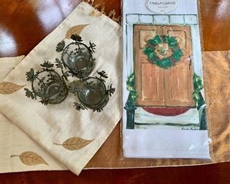 Tablecloth, runner and 3 metal votive holders: $16