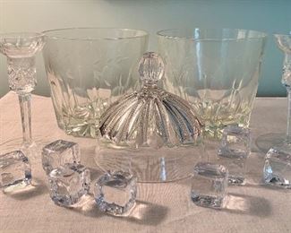 Lot of vintage ice buckets, candle sticks, cut glass cloche and some new glass ice cubes: $20