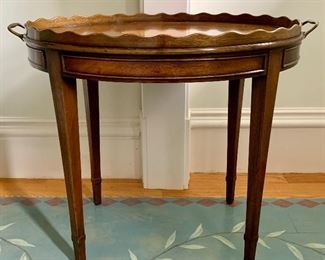 Item 139: Petite Vintage Inlay Side Table with Pie Crust Edging and Tapered Legs - 26.5" X 17": $245