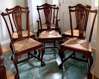 Item 112: (6) Antique Mahogany Chippendale Chairs with Rush Seats and Claw on Ball Feet - 21.5"l x 17.5"w x 42"h- Very Good Condition!: $975