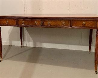 Item 115: Stunning signed E.J. Victor mahogany inlay desk with drawers all around, some of which are faux.
Comes with custom glass top - 61"l x 32"w x 30"h: $895