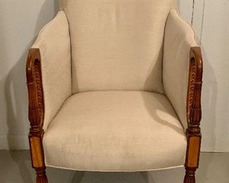 Item 118: Linen Chair with Carved Arms- needs to be reupholstered - 22.5"l x 18.5"w x 36"h: $150