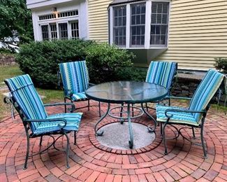 Item 48: Patio Set with cushions - cushions in excellent condition - outdoor set is sturdy but shows signs of wear: $275 for set. Chairs - 22.75"l x 19.5"w x 33.5"h Table - 47" x 28.5"