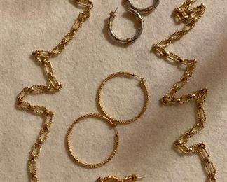 Lot 3: Lot of gold chain, 3 pair of earrings: $25