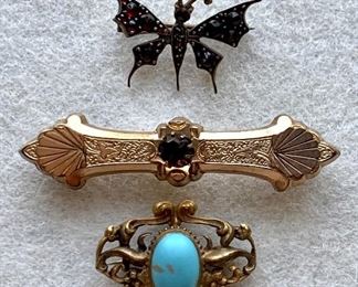 Jewelry 8: Lot of 3: Bohemian Antique Garnet Butterfly Pin, GF 1890's Garnet Pin, and Antique Turquoise Pin: $50