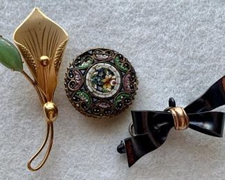 Jewelry 9: Antique Micro Mosaic- France, Antique GF Bow Pin/Pendant, and GF Calalily with Green Stone: $50