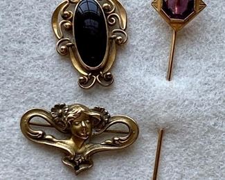 Jewelry 13: Art Nouveau - 1890s-1900 Scarf Clip, Antique GF Stick Pin, Purple Glass Antique Pendant: $80