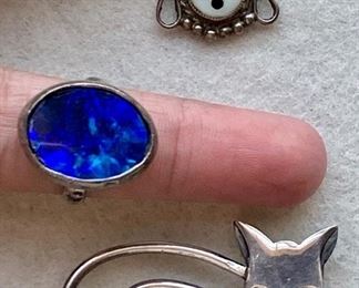 Jewelry 14: Delfino Taxco Sterling Cat Pin, Mexican Pendant with Turquoise Inlay and Stunning Blue Stone and Sterling Ring: $70
