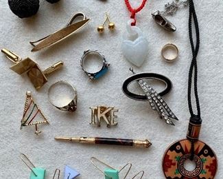 Jewelry lot 22: Lot of Miscellaneous Stuff I could not figure out what to do with: There is a beautiful sterling and turquoise ring, antique pencil, funky earrings, necklaces, pins, jade, buttons: $35