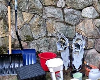 Odd Lot of Items! Two Shovels, Pile of Treads, Snow Showes, Two buckets, a few pots, etc.! $35