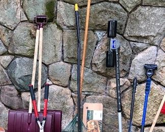 Odd Lot of Garage Items! Two shovels, rake, bar-b-q wood, scrapers, etc! $35