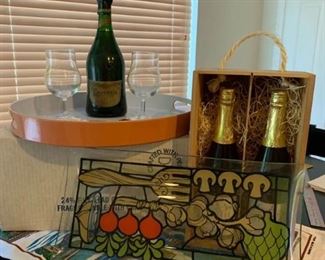 065d Vintage Mushroom Serving Tray  Crystal Wine Glasses