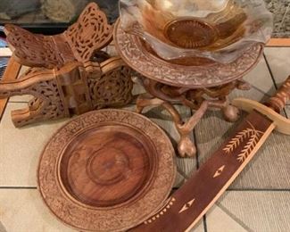 080l Indonesian Wood Collectibles with some Carnival Glass