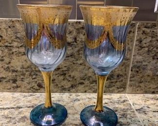 088k Blue  Gold Wine Glasses