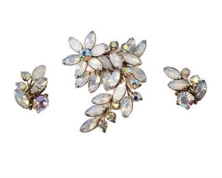 Lot 121
Vintage Rhinestone Brooch/Earring Set: White Polychrome Aurora Glass