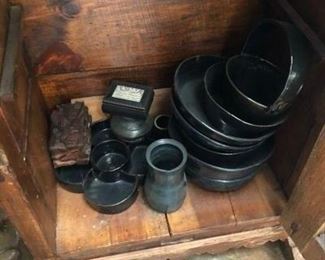 In side of the Spanish Revival "secretary" lower section we found part of the collection of black pottery by Janet Evans Holdcraft, a friend of the owner.