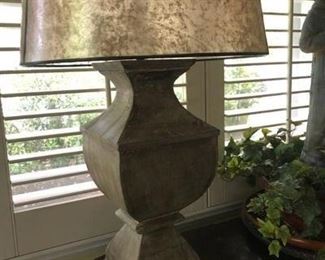 Great metal lamp with good patina and gold leaf shade. In LR.
