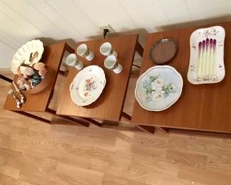 Mid century occasional tables and various eggs and porcelain 