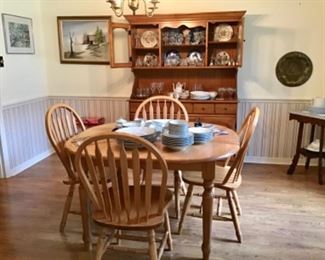 Table & chairs (sold), cupboard, glass, dishes