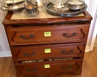 Marble top chest, silverplate etc