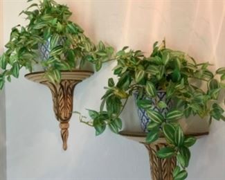 Plants in blue & white china pots on sconces (sold)
