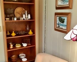 Tall Shelf, various wood items, art