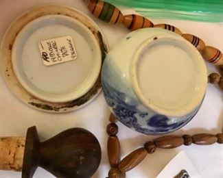 19th century Chinese ink pot (sold), wood cork,wood necklace 