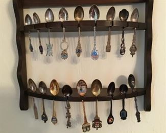 Souvenir spoons & nice Antique curved display rack 