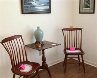 Shaker chairs, antique stand, celadon type vase, signed art