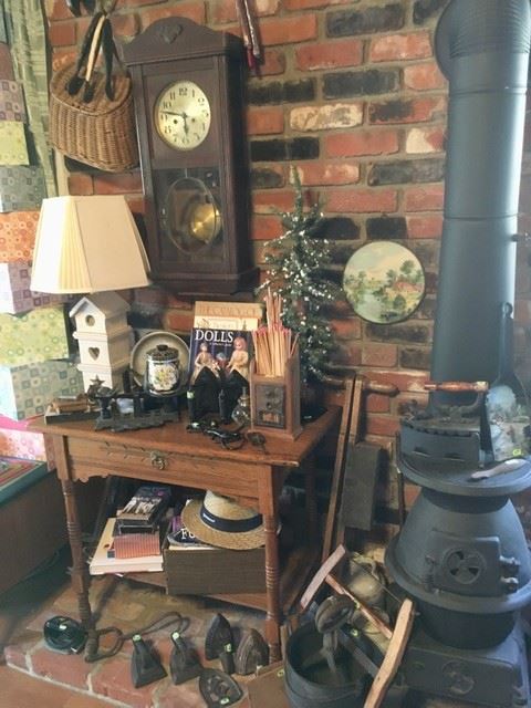 Oak lamp table & iron primitives