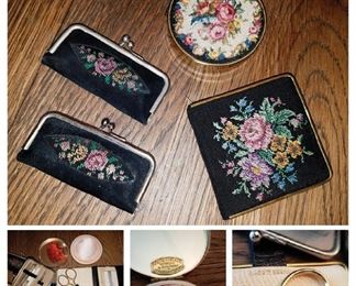 Vintage petitpoint pressed powder compact schildkraut, travel sewing kit, manicure kits. All 4 for $50