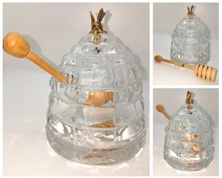 Glass honey jar bee hive with metal bee on top $15. Now $7.50