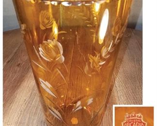 Vintage Arcadia hand made etched amber lead crystal vase. 12" $20. Now $10