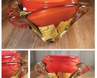 Murano 8" x 6" heavy red lined vase with gold leaf, slight crack $50. Now $25