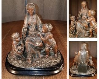 Vintage bronze statue mary with two children and lamb 9"w x 9.5"h. No Markings $45