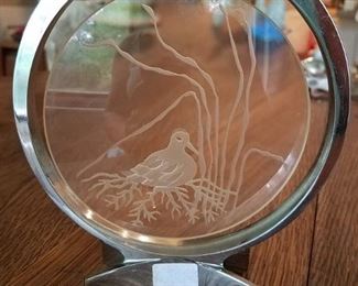 Etched crystal bird hanging in chrome frame $15. Now $7.50