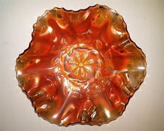 Marigold carnival glass 10.5" iridescent ruffle bowl $15. Now $7.50