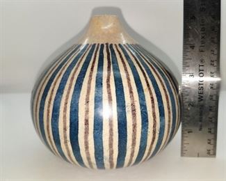 Mid-century modern blue and brown verticle striped 5" pottery vase $10