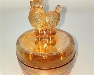 Vintage 1940's Jeanette Poodle 6" powder jar marigold carnival glass $15