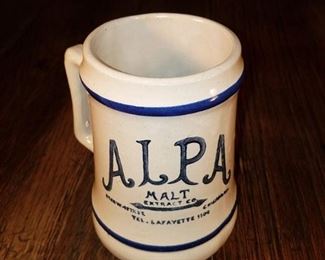 Antique ALPA Malt Extract Co. Chicago, IL Advertising Stein Mug 5.25" x 3.75". Dated 1942. Blue and white stoneware $30. Now $15