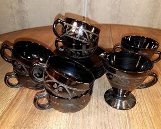 Vintage Hazel Atlas Black Glass Clover Shamrock Etching 6 cups/saucer and cream & sugar $40 all. Now $20 all
