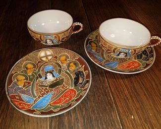 Vintage Japanese bone china Satsuma dragon ware 2 cups & saucers (4 pieces) gold paint $20 all. Now $10 all