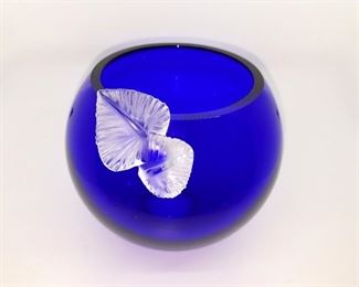 Mangnificent heavy cobalt blue vase with frosted glass leaves 5"h x 5"w  $35. Now $17.50.