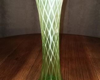 Vintage 12" diamond pattern white to green stretch glass vase $25